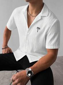 Men's Hawaiian Shirt, Lightweight Breathable Linen-Like Coconut Tree Print Short Sleeve Open Collar Shirt, Loose Casual Light White Vacation Shirt, Summer Couple Outfit, Beach Party Wear, Perfect Gift For Boyfriend And Husband - White - View 4