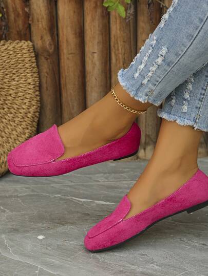 Wide Fit Women's Low Vamp Square Toe Single Strap Low Heel Fuchsia Flat Slip-On Shoes, Spring/Summer Daily Casual Office Lightweight Comfortable Shoes, Plus Size 36-43 Extra Wide Last Elegant Women's Shoes
