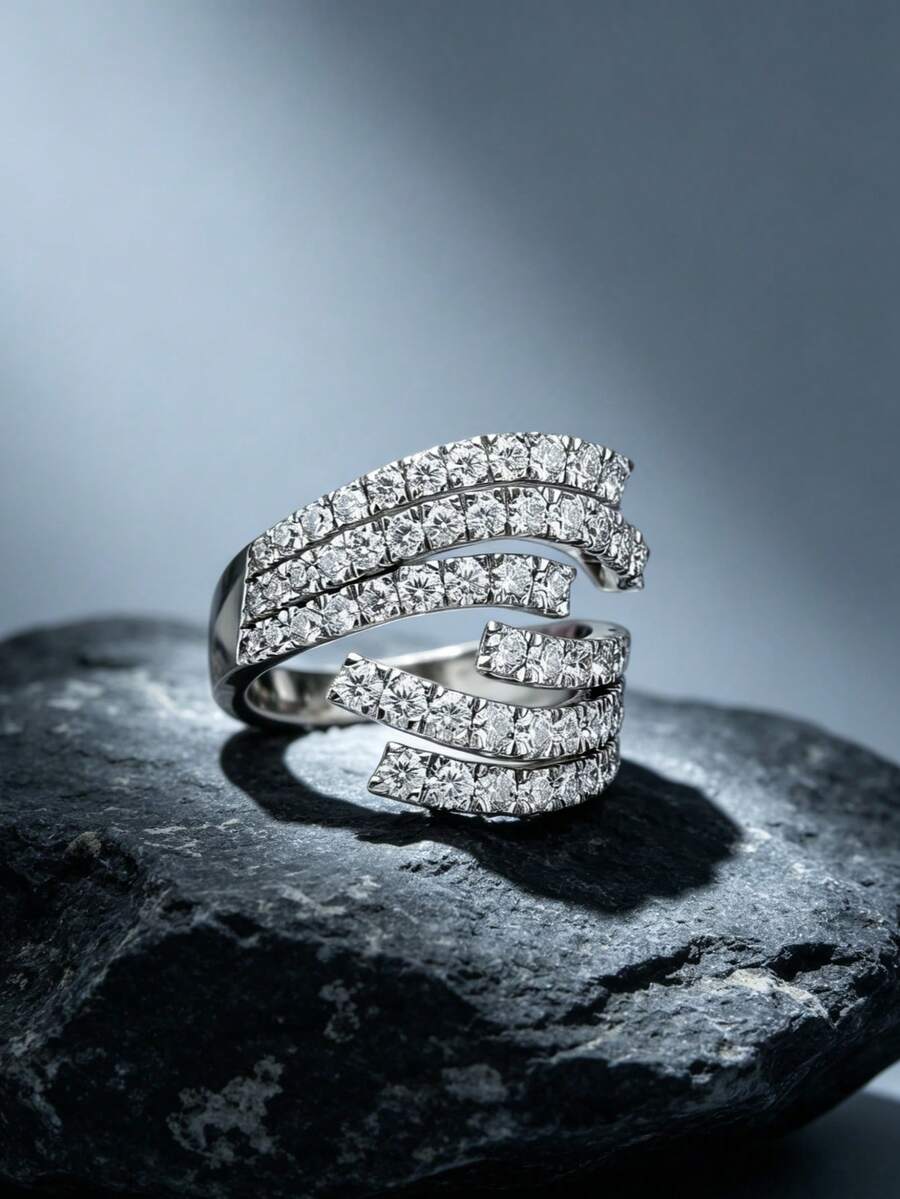 1pc Twisted Multi-Row Synthetic Cubic Zirconia Ring, Suitable For Everyday Wear, Parties, And Special Occasions. No Box. - Silver - View 1