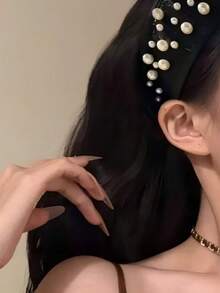 1件女款黑色寬版髮箍，高級奢華風，百搭髮飾，附髮夾髮帶 - 彩色 - 查看 3