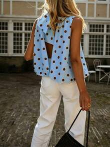 New Women's Bow Woven Fabric Backless Sleeveless Printed Polka Dot Top Tank Shirt Casual Spring Summer Blouse - Blue - View 3