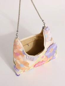 Yellow-Green Lace Hollow Floral Hobo Shoulder Bag With Sparkling Rhinestones For Women, Suitable For Vacation (Floral Pattern Randomly Distributed) - Multicolor - View 9