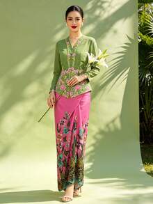 Saruang Kebaya For Women, Nyonya Kebaya 1pc Floral Print Elegant Skirt, Spring/Summer (Top Not Included) - Red - View 7