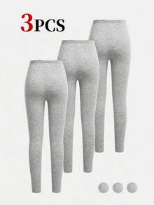 3pcs/Set Teen Girls Solid Color Basic Sports Leggings Slim Fit Athletic Pants Suitable For Spring, Autumn, Summer, Can Be Layered Or Matched - Grey - View 2