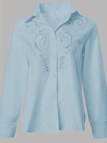 New 2026 Model:Novedad 2022: Cárdigan de solapa de color liso para mujer con blusa de manga larga con bordados y recortes para sitios independientes transfronterizos europeos y americanos - Cielo azul - Ver 3