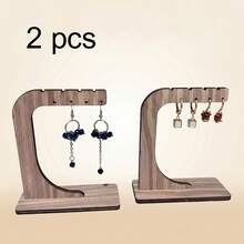 2pcs C-Shaped Wooden Earring Holder, Multi-Slot Desktop Jewelry Storage & Display Rack, Wood Grain Texture Jewelry Hanging Rack, Minimalist Vanity Accessory Display Prop, Valentine's Day Gift, Desktop Decor, Suitable For Multiple Scenes - Wood Color - View 2