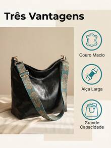 Women's High-Quality PU Bucket Bag, Wide Adjustable Printed Strap, Casual Street Style For Everyday Use - 黑色 - 查看 3
