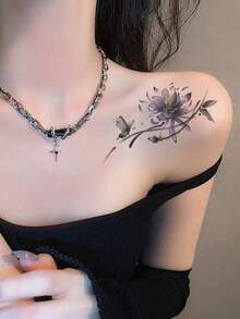 1 Pc Chinese Ink Wash Lotus Temporary Tattoo, Waterproof Fake Delicate Watercolor Tattoo Sticker With Butterfly, Elegant Whimsical Body Art - Multicolor - View 3
