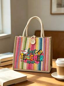 "Best Teacher" Floral Letter Print Linen Tote Bag, Reusable Printed Shopping Bag, Suitable For Commuting And Back To School - Multicolor - View 4