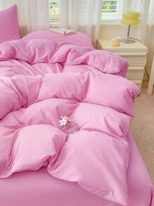 Blue And White Color Block Washed Polyester Skin-Friendly 3 PiecesDuvet Cover Set - Pink - View 5