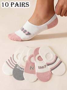 2/5/10 Pairs Random Assorted Women's Invisible Boat Socks, Minimalist Casual Style, Number & Letter Jacquard, Sweat-Absorbent, Durable, Anti-Pilling, Suitable For Young Women's Daily Commute And All-Occasion Wear, Perfect Mother's Day Gift - Multicolor - View 11
