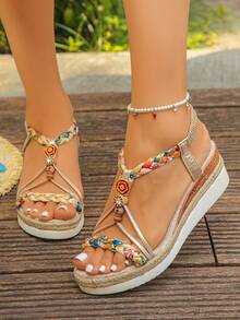 1 Pair Summer Teen Fashion Retro Rhinestone Outdoor Beach Vacation Anti-Slip Hemp Rope Wedge Platform Sandals - Gold - View 1
