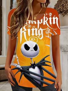 Disney, Pumpkin King Jack Skellington Halloween Character Print, Round Neck Short Sleeve T-Shirt, For Casual Wear And Holiday Parties - 彩色 - 查看 1