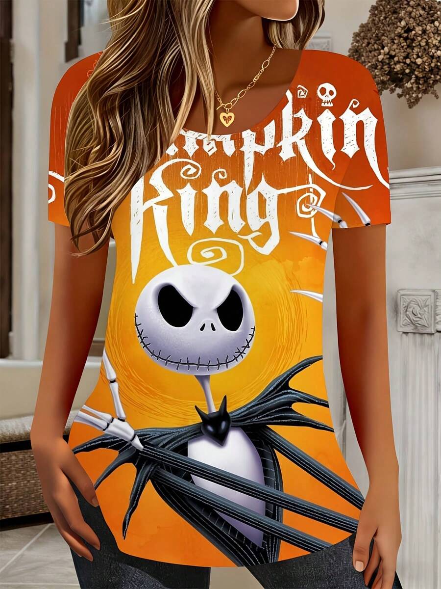Disney, Pumpkin King Jack Skellington Halloween Character Print, Round Neck Short Sleeve T-Shirt, For Casual Wear And Holiday Parties - 彩色 - 查看 1