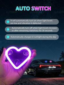 GLANBERT 汽車 LED 氛圍燈，可充電太陽能心形 LED 燈，6 種照明模式，浪漫汽車與戶外裝飾，適合情侶、女性、男性的理想禮物（搖晃即可在黑暗中亮起） - 太陽能+usb供電 - 查看 9