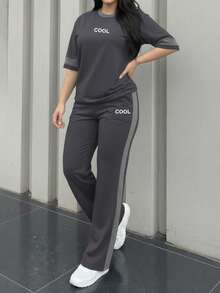 Women's New Round Neck Short Sleeve T-Shirt And Elastic Waist Loose Pants 2 Pieces Set, Suitable For Spring, Summer And Autumn - Dark Gray 23 - View 3