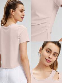 Soyun Gaun Yoga Wanita Terusan dengan Detail Kerut dan Bra Terintegrasi, Cocok untuk Olahraga, Kebugaran, dan Yoga - Berwarna merah muda - View 3