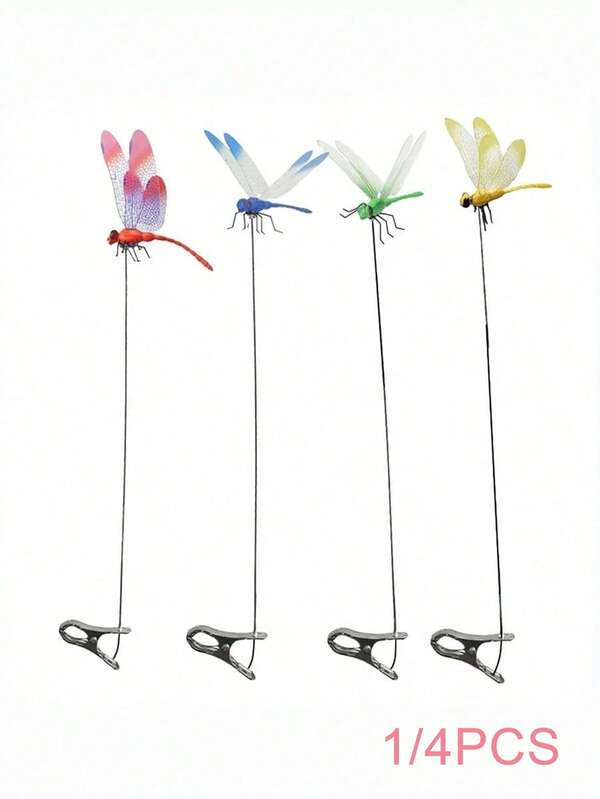 1/4pcs Realistic Dragonfly Clips, Pest Repellent Lobster Clips, 3D Simulated Fake Dragonfly Decorative Clips, Plastic Dragonfly Garden Hummingbird Decorative Stakes With Support, Suitable For Indoor And Outdoor
