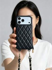 1 buah Dompet Koin & Kartu Kapasitas Besar Motif Belah Ketupat Kulit Quilted Mewah dengan Resleting, Tali Rantai Selempang, Kotak Pelindung Portabel untuk Wanita, Kompatibel dengan Apple/ Galaxy S24 Ultra/ 17 Pro Max/16 Pro Max/12 Pro/13/14 Plus/15 Pro Max - Hitam - View 5