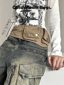 Sac de taille rétro Y2K style mode japonaise & coréenne pour femme, ceinture porte-cartes à sangle multi-œillets, accessoire de taille pour styliser la tenue, pochette de taille carrée streetwear pour pièces et écouteurs - Kaki - Voir 6