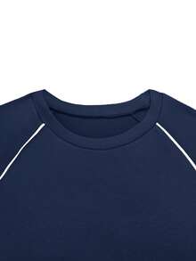 Women's Casual Navy Blue 2 Pieces Set, Round Neck Long Sleeve Top With Leggings, Slightly Stretchy Fabric, Perfect Choice For Autumn - Navy Blue - View 5