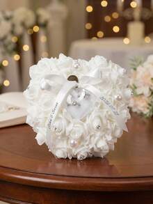 1 Peça Caixa de Almofada de Anel em Formato de Coração com Flores Personalizada com Fita de Renda Elegante, Caixa de Suporte de Anel de Casamento Personalizável, Presente de Proposta para Noiva e Madrinha, Adequado para Cerimônia de Noivado e Casamento, Presente Perfeito para Dia dos Namorados e Natal - Multicolorido - Visão 7