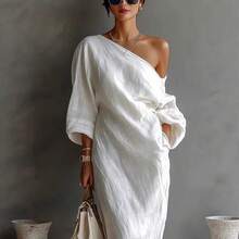 Women's One Shoulder Maxi Dress Loose Fit Batwing Sleeve Elegant Vacation Beach Dress - 白色 - 查看 2