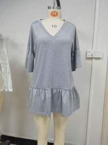 2026 New In Stock Women's Summer Loose Short Skirt With Ruffles And Solid Color V-Neck - Grey - View 2