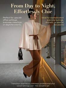 Elegant Women's Long Cloak Sleeve Cape With Stand Collar And Bow Detail, Fashionable Woven Fabric Overcoat For Fall - 上杏色+下棕色12970 - 查看 5