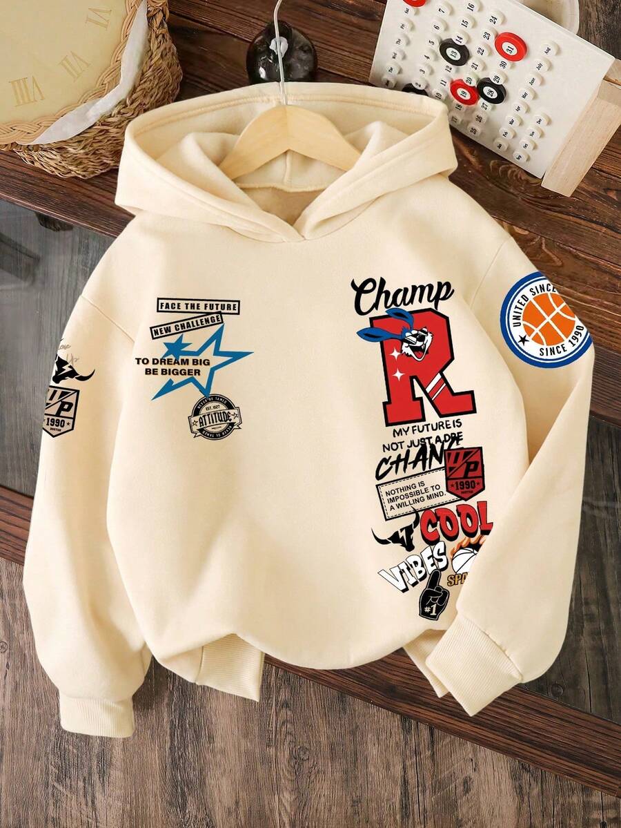 Baby Boy Letter Pattern Warm Hooded Sweatshirt - Apricot - View 1