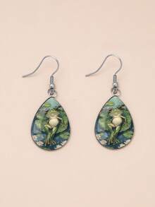 1 Pair Cartoon Fairy Tale Style Water Lily Frog Pattern With 316 Stainless Steel Teardrop Ear Hooks, Minimalist Style Suitable For Women's Daily Gift Wearing Jewelry Earrings, Elegant Minimalist Style Women's Suitable For Daily Vacation Wearing Jewelry Earrings - Olive Green - View 7