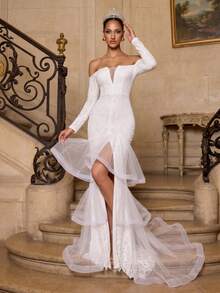 Elegant Romantic Women's White Off-The-Shoulder Deep V-Neck Sequin Long Sleeve High Slit Mesh Layered Hem Patchwork Party Evening Wedding Dress - White - View 2