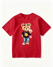 Paquete de 3 Playeras estampadas, con creativos de osos y decorativos de temporada, llamativas, modernas, holgadas, cuello redondo, manga corta, para uso diario, ideal para toda la familia - Rojo - Ver 2