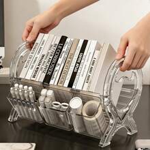 1pc Clear/Black Acrylic Desk Organizer With Bookend, 2-In-1 Desktop Storage Rack For Books, Stationery, Magazines & Vinyl Records, Multi-Compartment Office Organizer For Home, School & Office - Multicolor - View 7
