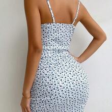 Vestido de verano con estampado floral diminuto, busto fruncido, para vacaciones y playa de mujeres - Verde - Ver 3