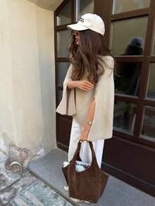 MORI Sweater Wanita Musim Gugur Musim Dingin Y2K Elegan Beige Leher Tinggi Model Mock Neck Lengan Terbuka Belahan Rajut Bergaris Model Cape Sweater Pullover Atasan untuk Pakaian Kembali ke Sekolah - Aprikot Kakao - View 4