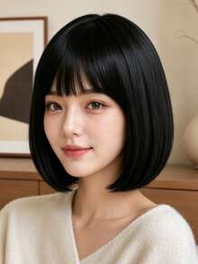 12 Inch Black Straight Synthetic High Temperature Resistant Wig With Bangs, Fluffy Fashionable Women's Cosplay Wig For Halloween, Christmas, Party, Carnival - Black - View 2