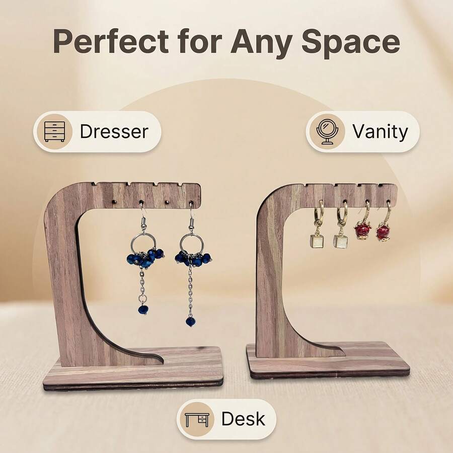 2pcs C-Shaped Wooden Earring Holder, Multi-Slot Desktop Jewelry Storage & Display Rack, Wood Grain Texture Jewelry Hanging Rack, Minimalist Vanity Accessory Display Prop, Valentine's Day Gift, Desktop Decor, Suitable For Multiple Scenes - Wood Color - View 1