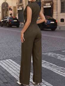 Perirose Tuta da business casual con collo alto, maniche corte, vita annodata e gamba ampia, outfit semi-formale per estate e autunno, adatto per ufficio, cena, festa, shopping - Castano - Visualizzare 2