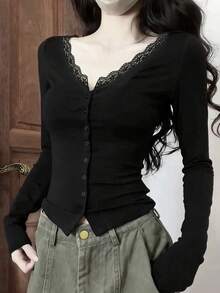 Atasan Hitam Leher V dengan Patchwork Renda, Memperindah Pinggang, Rajutan Elastis, Lengan Panjang Pas Badan, Kancing Dalam Tunggal, Kasual Musim Semi/Gugur/Dingin - Hitam - View 4