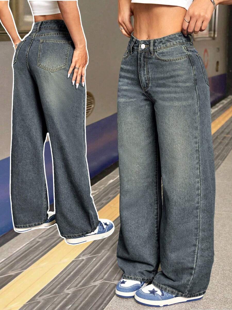 Quần jeans nữ dáng suông rộng rãi, có túi, thích hợp mặc thường ngày. - Nỗi nhớ sâu sắc - Xem 1