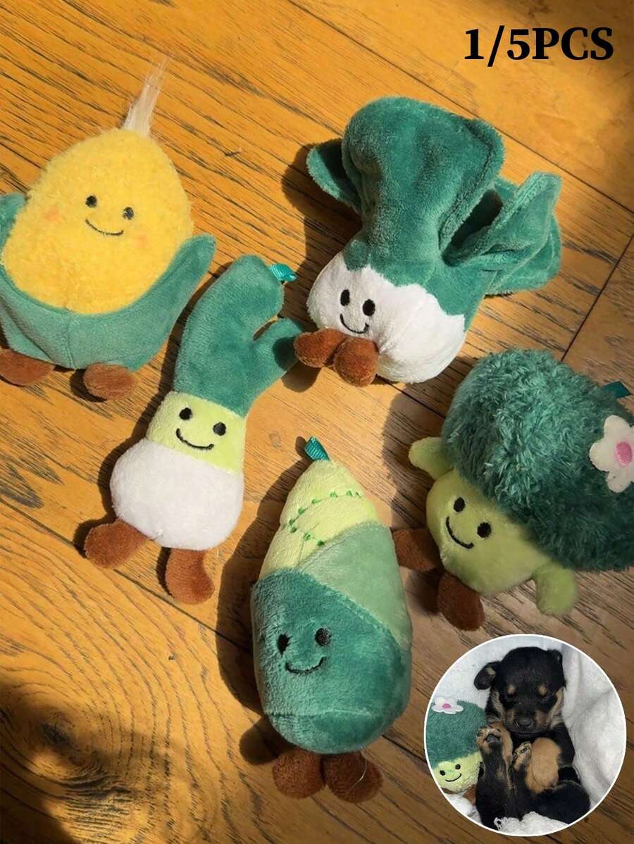 5/1 piezas Juguetes de peluche de verduras para mascotas - Brócoli, cebolla verde, brote de bambú, col, maíz - Juguetes de peluche suaves, compañero para gatos y perros, lindo compañero de sueño, regalo perfecto para mascotas (estilo aleatorio)