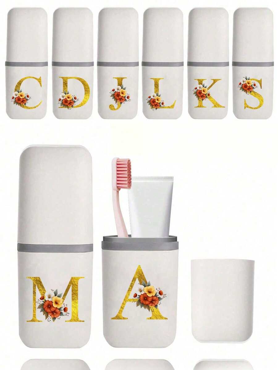 便携式旅行牙刷盒，印有闪亮金色字母 A-Z 和花卉图案，浴室用品，户外旅行牙刷牙膏收纳盒，字母系列印花防尘收纳盒，旅行必备，返校用品，露营度假必备，暑假用品，浴室配件，家居用品，收纳用品