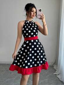 Vestido corto de verano elegante para damas con estampado de bloques de color y lunares, de escote halter - Negro - Ver 1