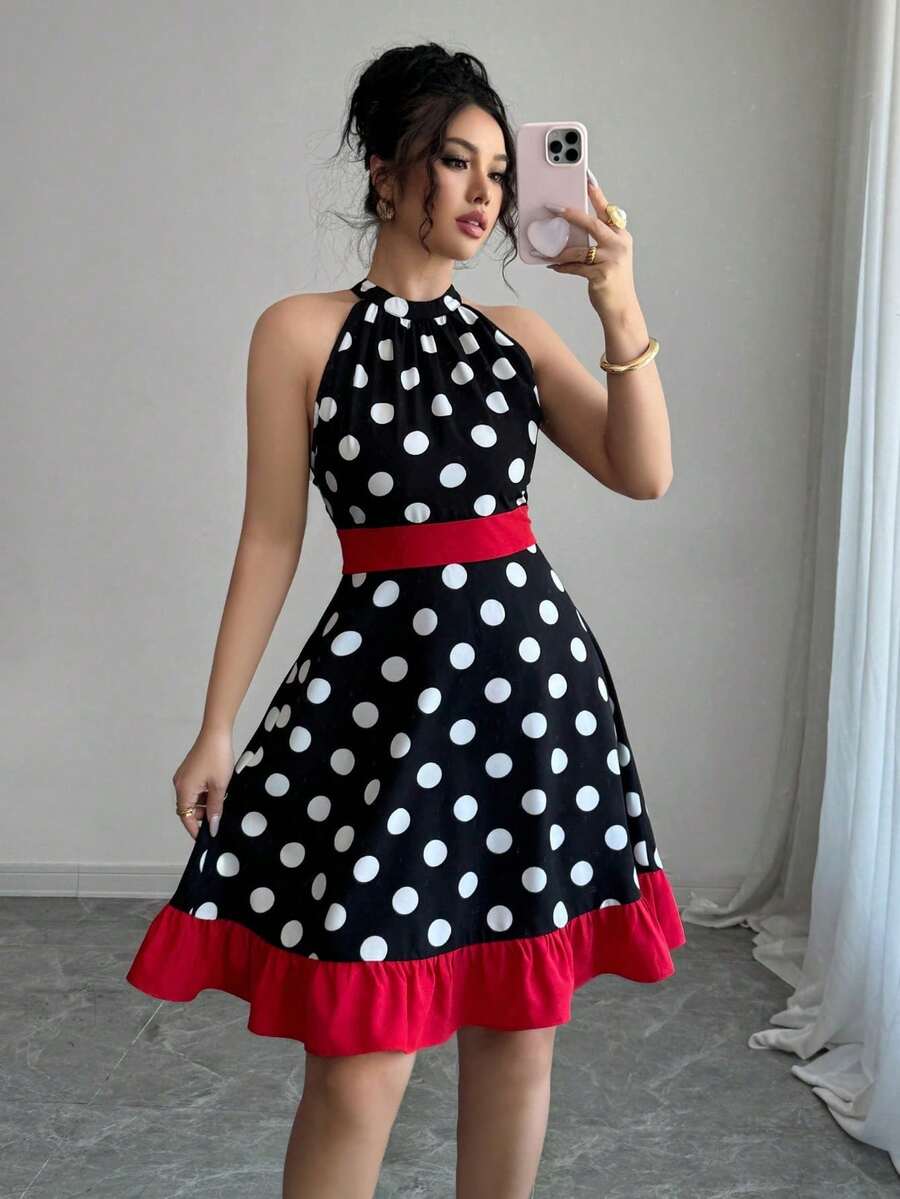 Vestido corto de verano elegante para damas con estampado de bloques de color y lunares, de escote halter - Negro - Ver 1