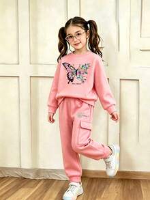 Tween-Mädchen Set aus Sweatshirt und Jogginghose mit Rundhalsausschnitt und Cartoon-Schmetterlings-Print - Pink - Übersicht 1