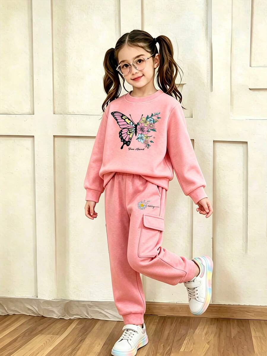 Tween-Mädchen Set aus Sweatshirt und Jogginghose mit Rundhalsausschnitt und Cartoon-Schmetterlings-Print - Pink - Übersicht 1