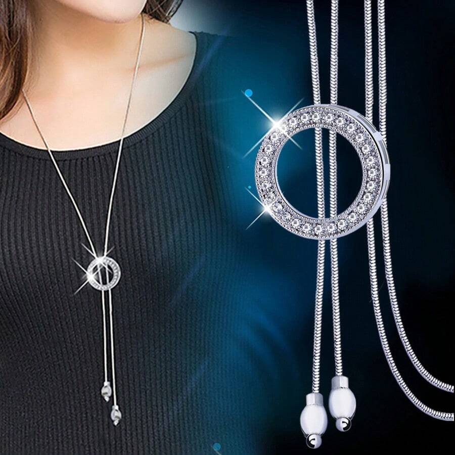 1pc Fashion Rhinestone Geometric Circle Shape Long Necklace, Sweater Chain - Silver - View 1