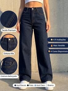 Women's Wide Leg Jeans, High Waist, Comfortable, Dark Blue - 深色水洗藍 - 查看 1