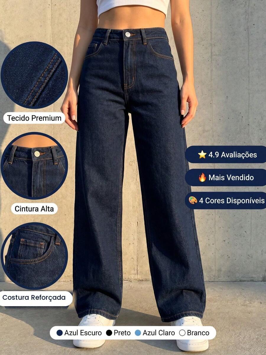 Women's Wide Leg Jeans, High Waist, Comfortable, Dark Blue - 深色水洗藍 - 查看 1